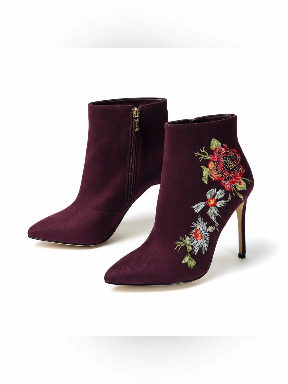 bebe Burgundy Floral Embroidered Pointed-Toe Ankle Booties